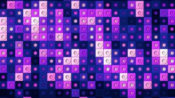 Фиолетовые квадратные плитки в бесшовной петле анимированной поверхности мозаики. Движение. Фиолетовые блоки с круглыми силуэтами внутри. — стоковое видео