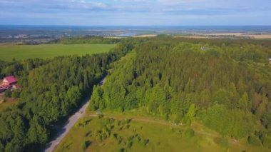 Drone 'dan tarlanın güzel manzarası. Şarjör. Kocaman yeşil bir Rus ormanı, bir yolu, ötesinde bir tarlası, açık mavi bir gökyüzü, bir nehir ve şehrin küçük bir parçası..
