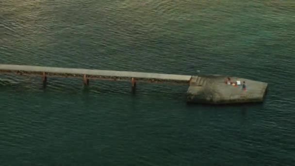 Un lungo ponte sul mare. La vista dal drone. Creativo. Un mare blu ondulato con un lungo ponte su di esso dove la gente si rilassa scattare foto e nuotare — Video Stock