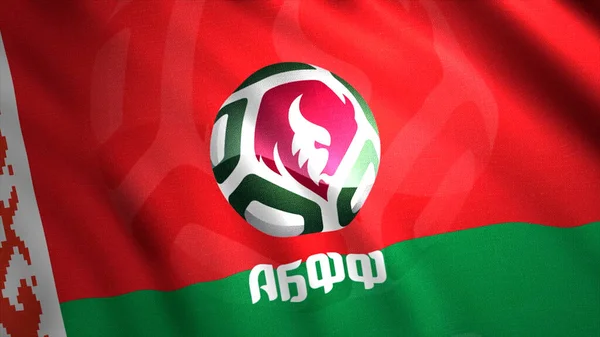Κυματιστό φόντο της ποδοσφαιρικής ομοσπονδίας της Λευκορωσίας. Κίνηση. Πράσινη και κόκκινη σημαία με το έμβλημα της μπάλας, αδιάλειπτη θηλιά. Μόνο για εκδοτική χρήση. — Φωτογραφία Αρχείου