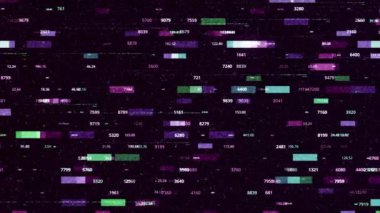 Sayısal verilerle çevrili dikdörtgenlerin yavaş çekimli teknolojik arka planı, kusursuz döngü. Animasyon. Hareket eden sayılarla soyut renkli dikdörtgen şekiller.