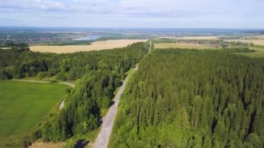 Helikopterden görüntü. Şarjör. Büyük yeşil bir orman ve tarlalar hafif bulutlu bir gökyüzü ve uzak bir şehrin arka planında.