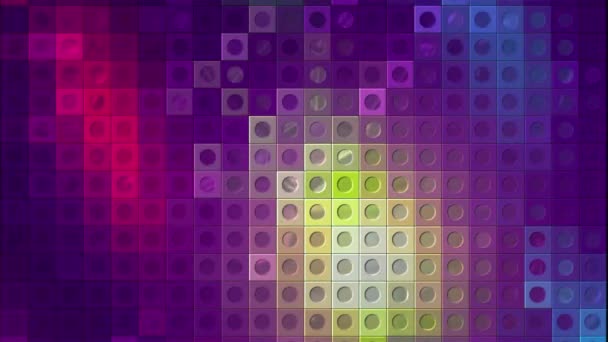 Przenoszenie plamy kolorów na kwadratach mozaiki. - Wniosek. Kolorowe tło z kwadratów i kropek zmieniających kolory. Kolorowe plamy poruszają się na tle kwadratów z kropkami — Wideo stockowe