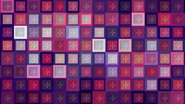 Αφηρημένα ροζ και μωβ τετράγωνα με ιατρικούς σταυρούς να λάμπουν τυχαία. Κίνηση. Συν σημάδι στο εσωτερικό των τετραγωνικών σχημάτων, αδιάλειπτη βρόχο. — Αρχείο Βίντεο