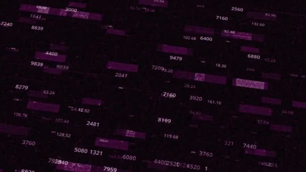 Velký digitální datový kód procházející futuristickým informačním počítačem. Animace. Číslice a barevné dlouhé informační bloky. — Stock video