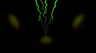 Işıklı siyah bir arkaplan üzerine gerçek dışı bir yıldırım düştü. Tasarım. Soyut renkli enerji kıvrımlı çizgiler ritmik, pürüzsüz döngü.