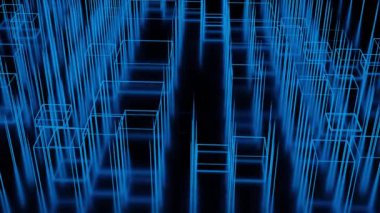 Siyah arka planda büyüyen ve sütunlar oluşturan neon çizgilerin soyut deseni. Tasarım. Dikdörtgen şekilli siluetlerle geleceksel geometrik animasyon.