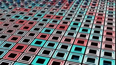 Her birinin kare şeklinde delikleri ve büyüyen sütunları olan soyut renkli yüzey. Tasarım. Renkli dikdörtgenli 3B doku.