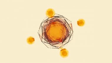 Atom ve elektronların 3 boyutlu animasyonu, kusursuz döngü. Tasarım. Biyoloji ve kimya bilimi kavramı, küresel parçacıklar iş başında.