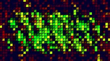 Dünya haritasının soyut pikselleştirilmiş görselleştirmesi. Hareket. Dünya haritası yanıp sönen kareler, pürüzsüz döngüler halinde gösterilir.