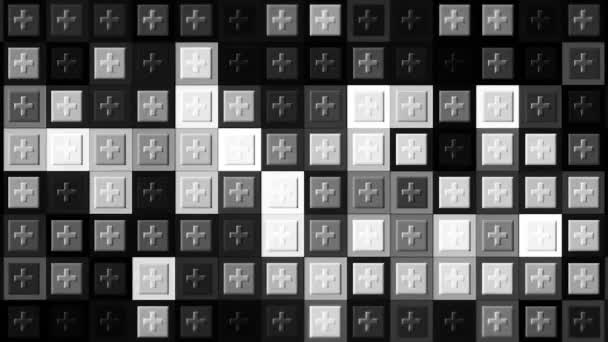 医療記号に加えて、同じサイズの正方形、シームレスなループ内のアイコンの背景。動きだ。黒と白のモノクロの正方形のブロックを点滅させる. — ストック動画