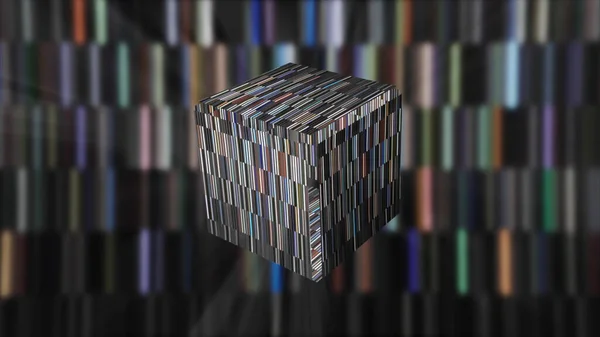 Glödlådan öppnas i cyberrymden. Rörelse. Futuristisk tom kub öppnas på bakgrunden skimrande randig bakgrund. 3D-kuben öppnas i dataspel utrymme — Stockfoto