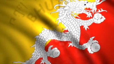 Ejderhalı ulusal bayrak. Hareket. Ulusal bayrağın hareketli tuvalinin animasyonu. Ejderha resimli güzel Bhutan bayrağı tasarımı