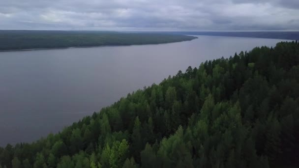 Utsikten från drönaren. Klipp. En stor damm över vilken det finns en skog och en grå himmel — Stockvideo
