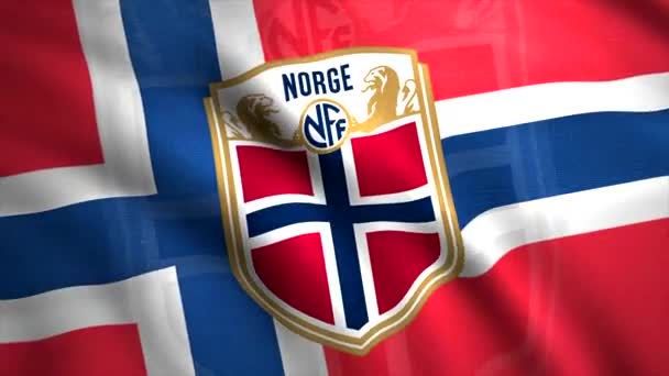 Bendera tim sepak bola di kejuaraan. Gerak. Animasi 3D dari bendera melambaikan indah dengan logo tim sepak bola. Bendera tim nasional sepak bola Norwegia — Stok Video