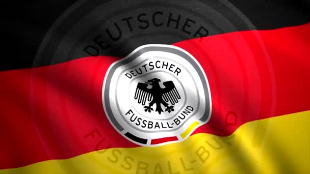 国の国旗にサッカーのロゴ。動きだ。国の旗にサッカーチームの美しいエンブレム。ドイツサッカーチームの波旗 — ストック動画