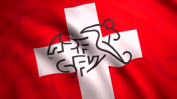 Futbol takımının bayrağını sallamanın animasyonu. Hareket. Dalgalanan futbol bayrağının güzel gösterisi. Ulusal futbol takımının amblemiyle İsviçre bayrağı — Stok video