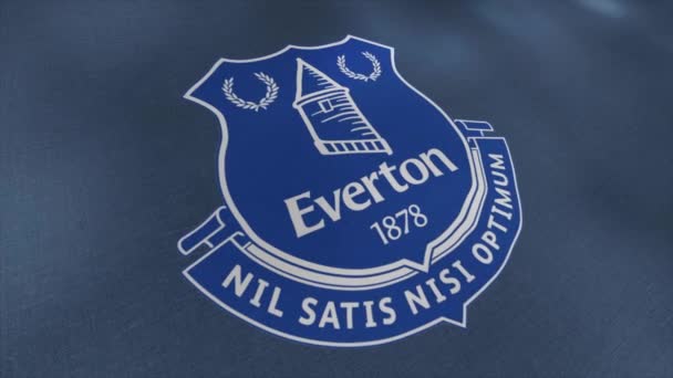 Bandiera della squadra di calcio professionista dell'Inghilterra. Mozione. Bella tela con stemma della squadra di calcio inglese. Stemma della società di calcio Everton — Video Stock