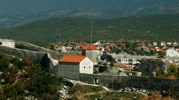 Bellissimo paesaggio da un elicottero. Creativo. Alte montagne verdi con alti alberi estivi e nelle vicinanze vecchi piccoli edifici residenziali. — Foto Stock