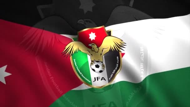 Drapeau de l'équipe nationale de football jordanienne avec aigle planant, boucle transparente. Motion. Ondulations ou petites vagues du drapeau. À usage rédactionnel seulement. — Video