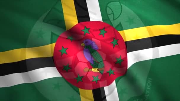 Çapraz çizgileri olan Dominica bayrağı ve yeşil yıldızlı kırmızı çemberin içinde bir papağan kuşu. Hareket. Renkli ulusal dalgalanan soyut bayrak, pürüzsüz döngü. — Stok video