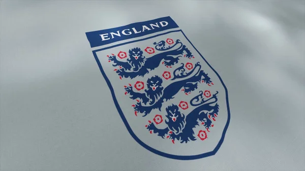 Σημαία της αγγλικής ποδοσφαιρικής ομάδας. Κίνηση. Φωτεινή αναπτυσσόμενη σημαία με το λογότυπο της ποδοσφαιρικής ομάδας. Σημαία με εθνόσημο της ποδοσφαιρικής ομάδας της Αγγλίας — Φωτογραφία Αρχείου