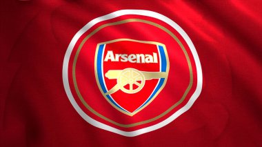 Futbol takımının bayrağını sallamanın animasyonu. Hareket. Dalgalanan futbol bayrağının güzel gösterisi. Üzerinde Londra futbol takımı logosu olan bayrak.