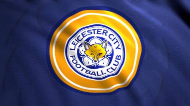 İngiltere 'deki futbol kulüplerinin bayrakları. Hareket. Büyük Britanya 'nın güzel futbol takımlarının bayraklarını sallıyorlar. Leicester 'da futbol kulübü logosu olan bir bayrak.