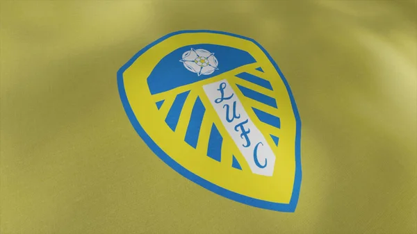 A hivatásos angol labdarúgó klub zászlaja. Indítvány. Gyönyörű vászon, angol labdarúgó klub címerével. A Leeds Football Club címere — Stock Fotó