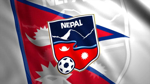 Bandiera del paese con emblema della squadra di calcio. Mozione. Mostra bandiera del paese con logo dell'associazione calcistica. Bandiera del Nepal al Campionato di calcio — Foto Stock