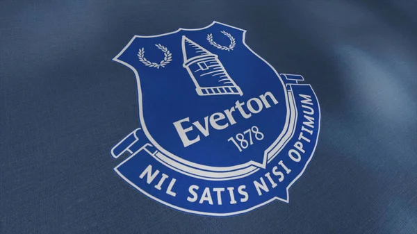 Flagge des englischen Fußballklubs. Bewegung. Schöne Leinwand mit dem Wappen des Fußballklubs aus England. Wappen des FC Everton — Stockfoto