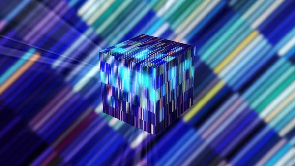 밝은 큐브가 등장 한다. 움직임. 사이버 공간에서 다채 로운 입방체를 만들고 있습니다. 게임 공간에서 네온 줄무늬 큐브열리다 — 스톡 사진
