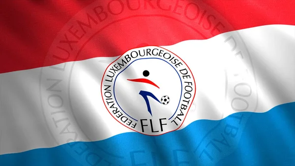 Κυματιστή σημαία της χώρας με ποδοσφαιρική ομάδα. Κίνηση. Όμορφα κινείται με σημαία ανέμου με έμβλημα της ομάδας ποδοσφαίρου. Σημαία της ποδοσφαιρικής ομάδας του Λουξεμβούργου — Φωτογραφία Αρχείου