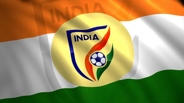 Emblema della nazionale di calcio sulla bandiera del paese. Mozione. Bella immagine del logo della squadra di calcio sulla bandiera del paese. Emblema della nazionale indiana di calcio — Foto Stock