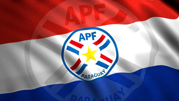 Emblema de la selección nacional de fútbol en la bandera nacional. Moción. Bandera ondeando con señal de equipo de fútbol. Selección de fútbol Paraguay — Foto de Stock