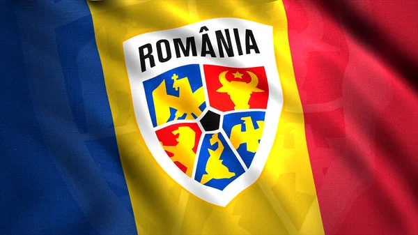 Flag of football team in championship. Motion. 3D animation of beautifully waving flag with logo of football team. Flag of Romanian national football team — Stock Photo, Image