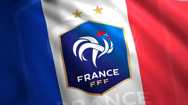 Κινούμενο σχέδιο κυματίζει σημαία της ποδοσφαιρικής ομάδας. Κίνηση. Όμορφη επίδειξη της φτερουγίζει σημαία ποδοσφαίρου. Σημαία Γαλλίας με έμβλημα ποδοσφαιρικής ομάδας — Φωτογραφία Αρχείου