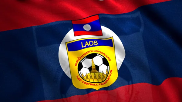 Bandiera del paese con emblema della squadra di calcio. Mozione. Mostra bandiera del paese con logo dell'associazione calcistica. Bandiera del Laos al Campionato di calcio — Foto Stock