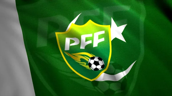 Όμορφη κυματιστή σημαία στο πρωτάθλημα ποδοσφαίρου. Κίνηση. Σημαία χώρας με έμβλημα ποδοσφαιρικής ένωσης. Παρουσίαση της σημαίας του Πακιστάν με λογότυπο ποδοσφαίρου — Φωτογραφία Αρχείου