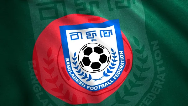 Bandiera mobile del paese con emblema della squadra di calcio. Mozione. Sventolando bandiera del paese ed emblema con palla della squadra di calcio. Nazionale di calcio del Bangladesh — Foto Stock