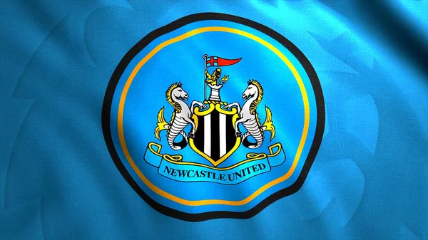 İngiliz futbol kulübünün bayrağı. Hareket. Futbol kulübü logosu olan parlak bir bayrak. Newcastle 'daki futbol kulübü bayrağı. — Stok fotoğraf