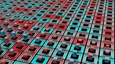 Dikdörtgen şeklindeki kulelerin görünmesi ve kaybolması dalga hareketi, kusursuz döngü. Tasarım. Delikli mavi ve kırmızı kare siluetler.