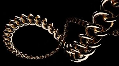 Bükülmüş gümüş zincir siyah bir zemin üzerinde izole edilmiş, pürüzsüz bir döngü. Monokrom soyut bükülmüş zinciri yavaş çekimde tasarla.