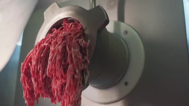 Концепція приготування їжі. Кліп. Металева м'ясорубка дрібно натирає певну кількість м'яса впритул . — стокове відео