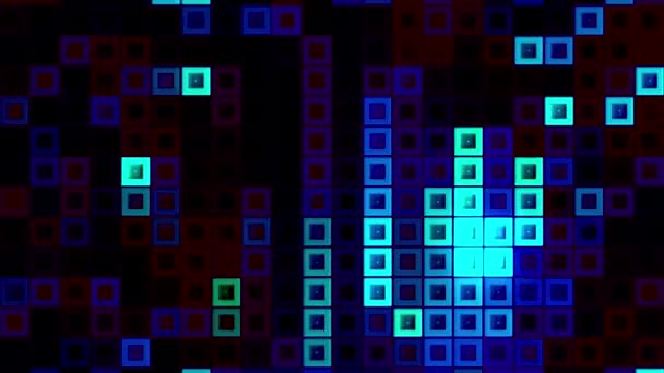 Abstraktní obdélníkové tvary nebo bloky na černém pozadí, bezešvé smyčky. Pohyb. Neonové čtvercové siluety sledující jeden druhého jako hadi v retro hře. — Stock video