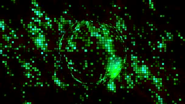 Abstract green and black pixelated background with the silhouette of a rotating sphere. Motion. Shimmering pattern of colorful particles, seamless loop. — Stock Video