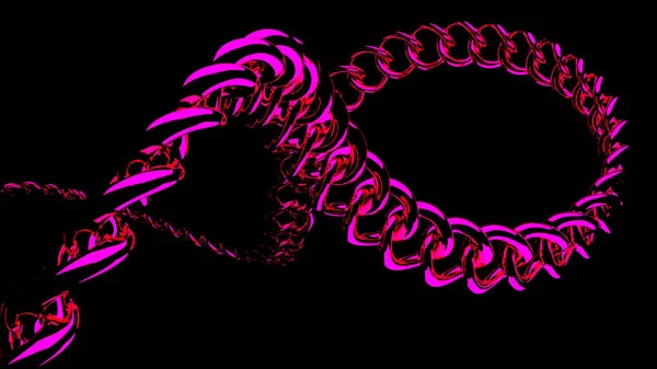 Close up de curva cadeia de metal rosa abstrata isolado em um fundo preto, loop sem costura. Desenho. Fundo industrial com uma cadeia brilhante. — Fotografia de Stock