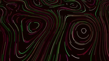 Soyut yaratıcı neon çizgiler siyah yüzeyde renkli izler oluşturuyor. Hareket. Eğri büğrü ve büğrü çizgiler yavaşça hareket ediyor siyah arkaplanda.