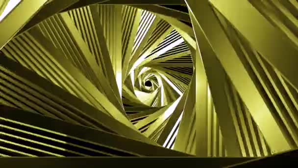 Driehoekige spiraalvormige gedraaide gang, geometrische draaiende achtergrond, naadloze lus. Beweging. Gloeiende stalen roterende tunnel. — Stockvideo