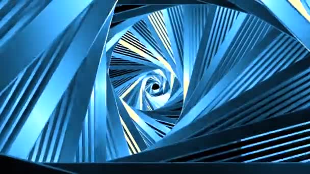Trojúhelníková spirálová křivolaká chodba, geometrické rotující pozadí, bezešvá smyčka. Pohyb. Žhnoucí ocelový rotační tunel. — Stock video